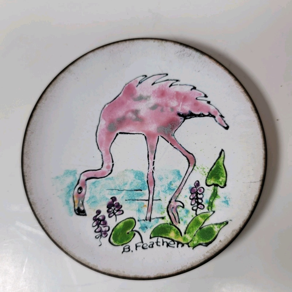 Vintage MCM Noir Enamel Coasters/Trinket‎ Dish - Single Flamingo